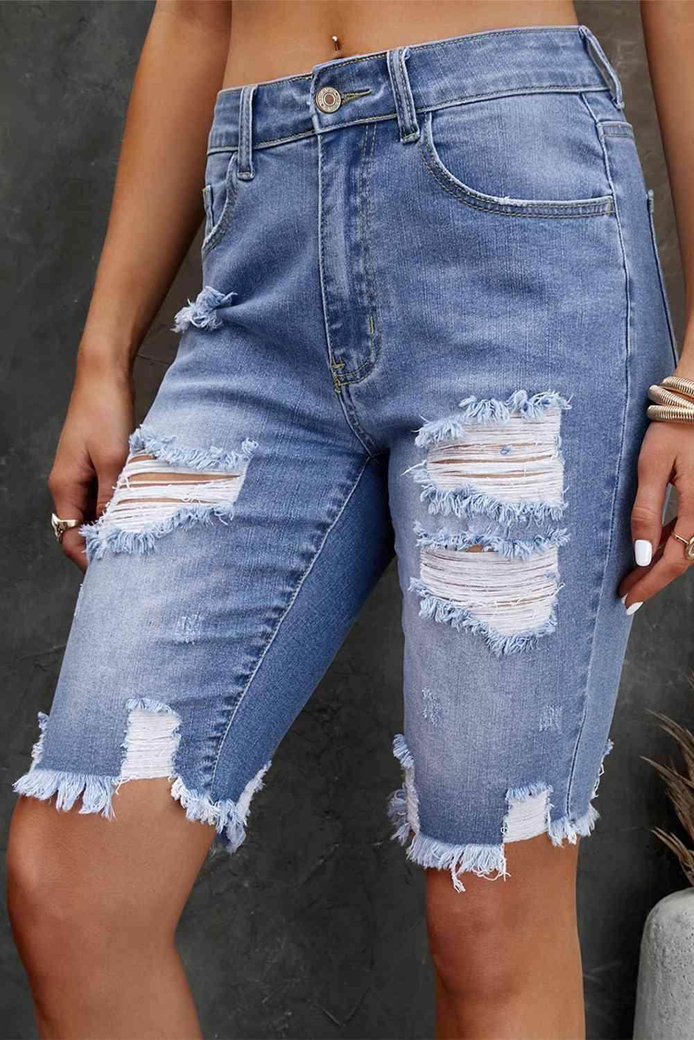 Distressed Frayed Hem Denim Bermuda Shorts for Women - Selvanelle