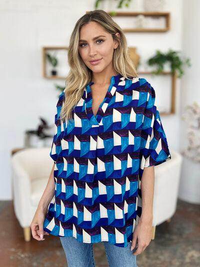 Double Take Full Size Geometric Notched Half Sleeve Blouse - Selvanelle