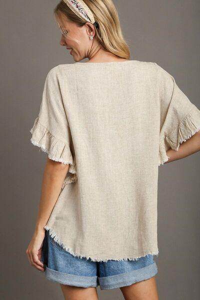 Umgee Full Size Raw Hem Ruffle Short Sleeve Blouse Plus Size - Selvanelle