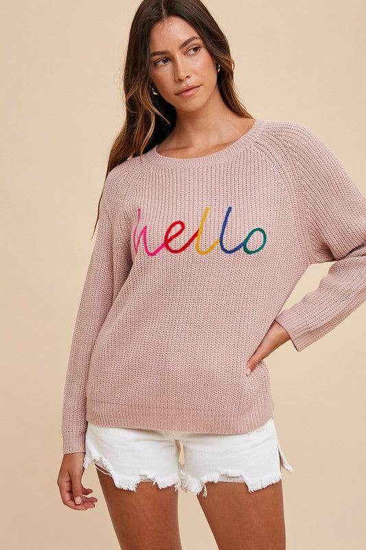 Annie Wear HELLO Embroidered Raglan Sleeve Sweater for Women - Selvanelle