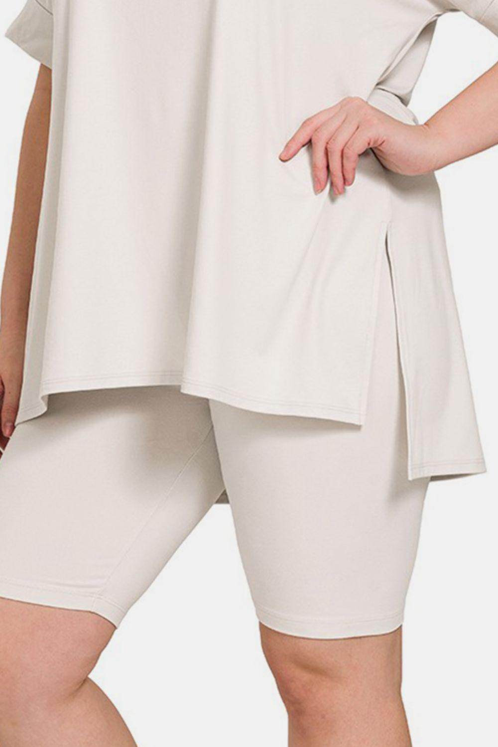 Zenana Full Size V-Neck Slit T-Shirt and Shorts Set - Selvanelle