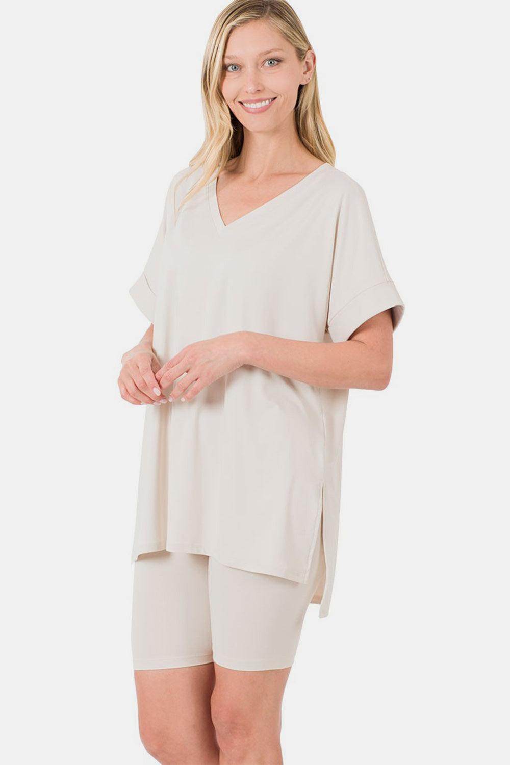 Zenana Full Size V-Neck Slit T-Shirt and Shorts Set - Selvanelle