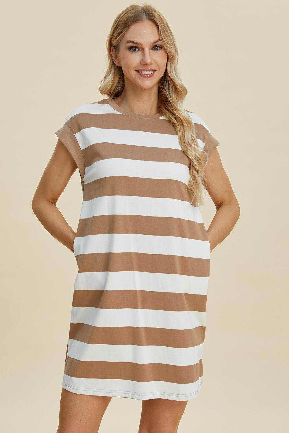 Basic Bae Full Size Striped Round Neck Cap Sleeve Mini Dress - Selvanelle