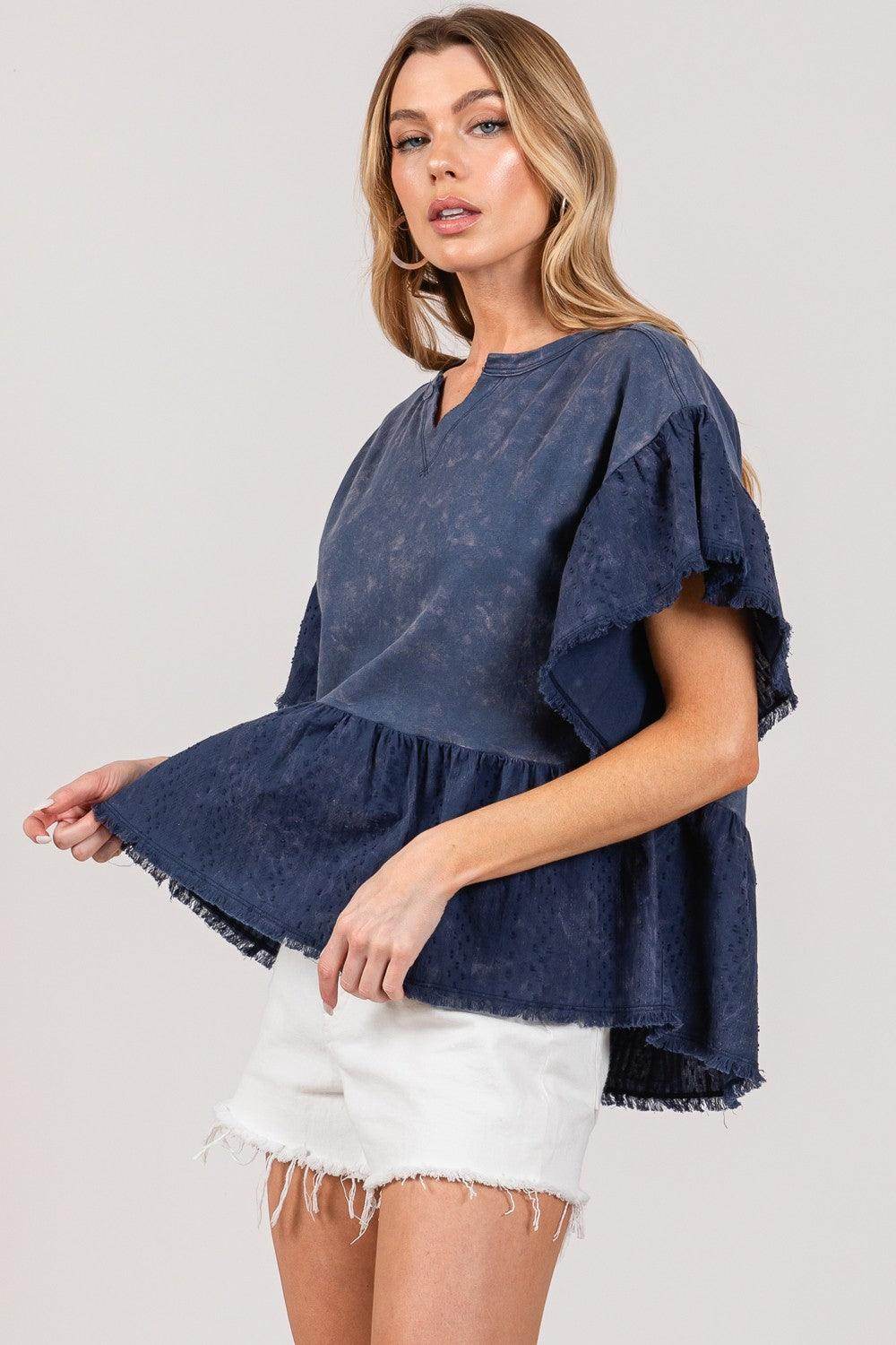 SAGE + FIG Ruffle Sleeve Washed Short Sleeve Blouse for Women - Selvanelle