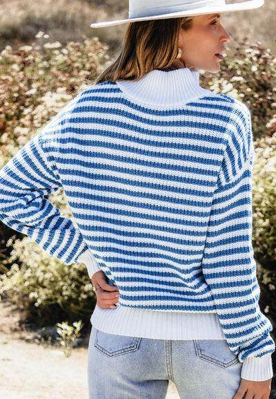 Striped Half Zip Mock Neck Long Sleeve Sweater for Women - Selvanelle