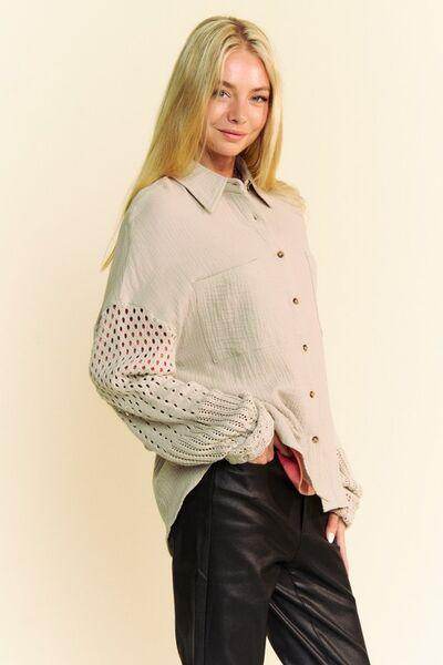 Davi & Dani Crochet Sleeve Crinkled Texture Shirt for Women - Selvanelle