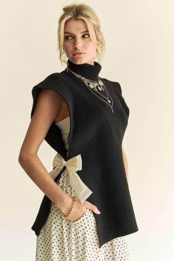 Davi & Dani Side Split Turtleneck Sleeveless Knit Top - Selvanelle