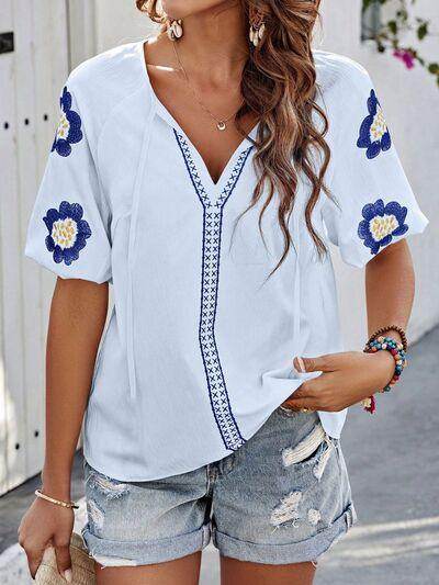 Embroidered Tie Neck Puff Sleeve Blouse for Women Stylish - Selvanelle