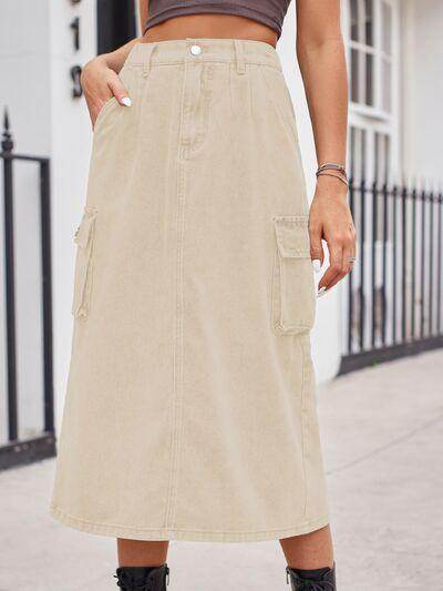 Slit Buttoned Denim Skirt with Pockets for Women - Selvanelle