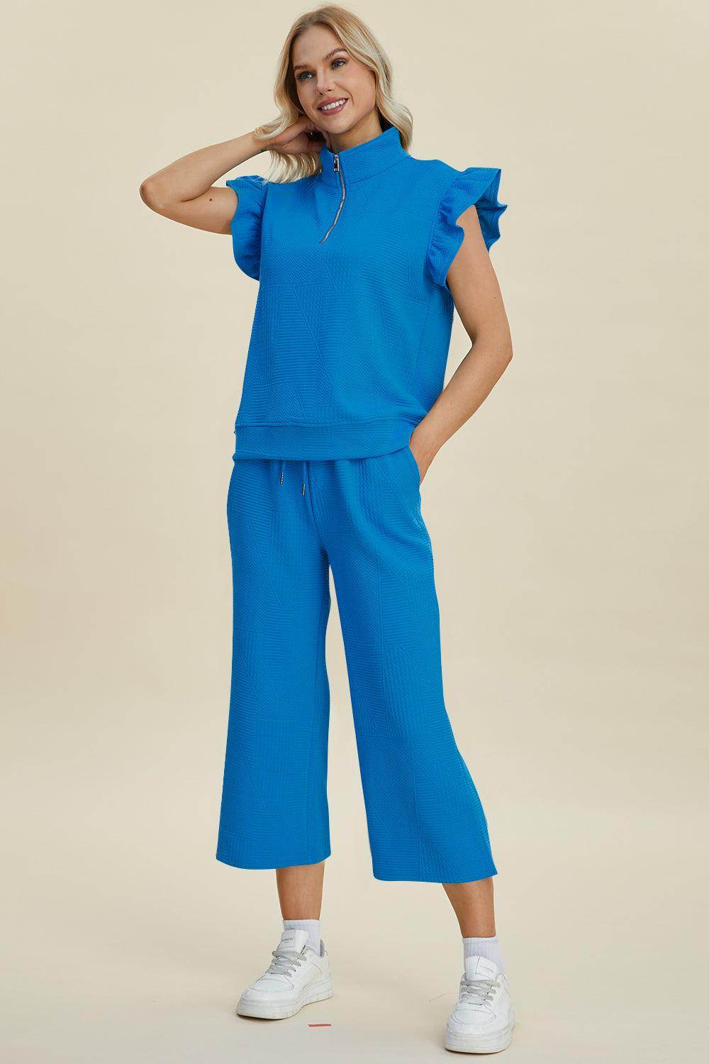Double Take Full Size Texture Ruffle Top and Pants Set - Selvanelle