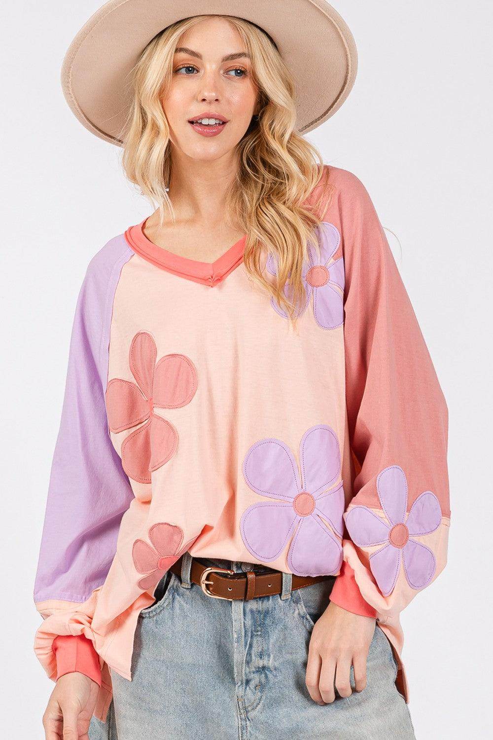 SAGE + FIG Full Size Daisy Applique Patch Long Sleeve Top - Selvanelle