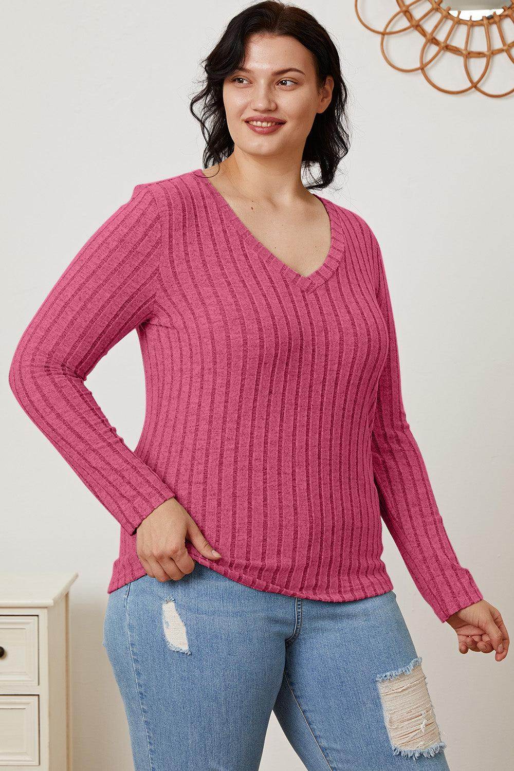 Basic Bae Full Size Ribbed V-Neck Long Sleeve T-Shirt - Selvanelle