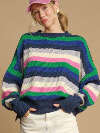 Contrast Striped Round Neck Long Sleeve Sweater for Women - Selvanelle