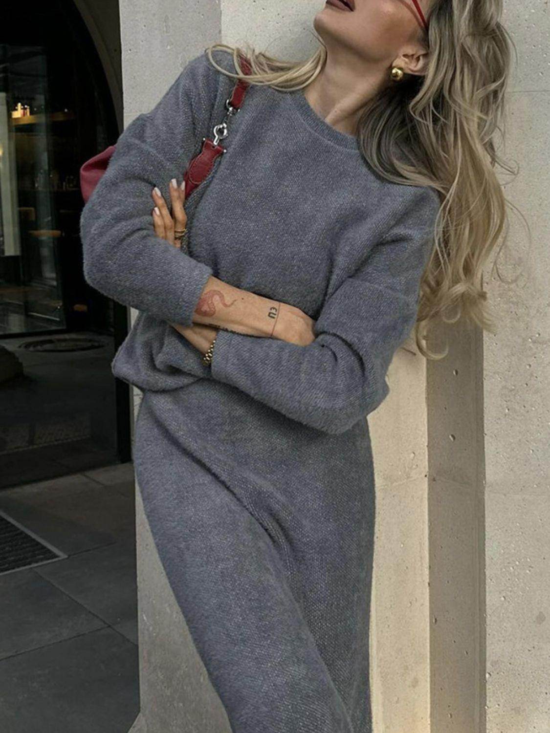 Round Neck Dropped Shoulder Top and Midi Skirt Sweater Set - Selvanelle