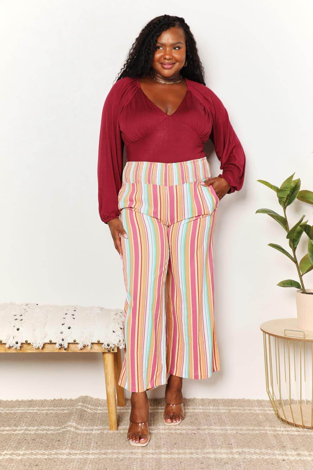 Double Take Striped Smocked Waist Pants with Pockets Stylish - Selvanelle