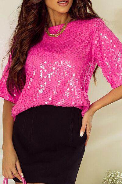 Sequin Round Neck Half Sleeve Blouse for Stylish Women - Selvanelle
