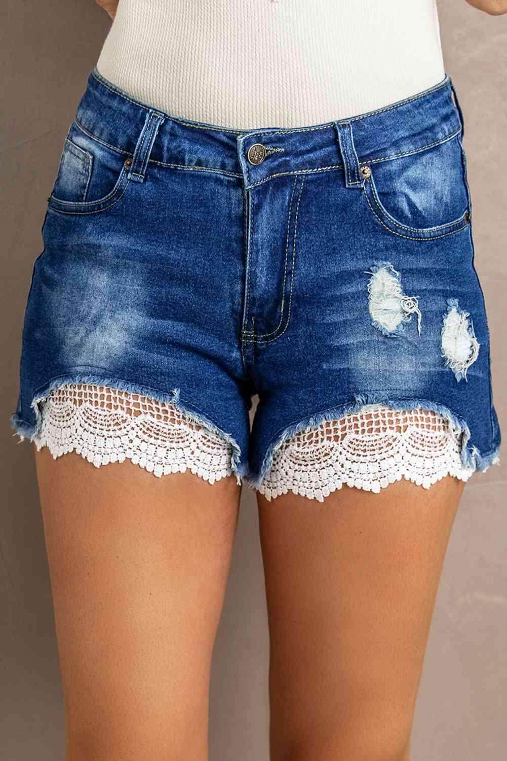 Spliced Lace Distressed Denim Shorts for Chic Casual Style - Selvanelle