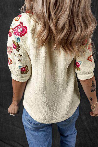 Floral Embroidered Notched Puff Sleeve Blouse for Women - Selvanelle