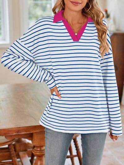 Lovelet Striped Johnny Collar Long Sleeve T-Shirt for Women - Selvanelle