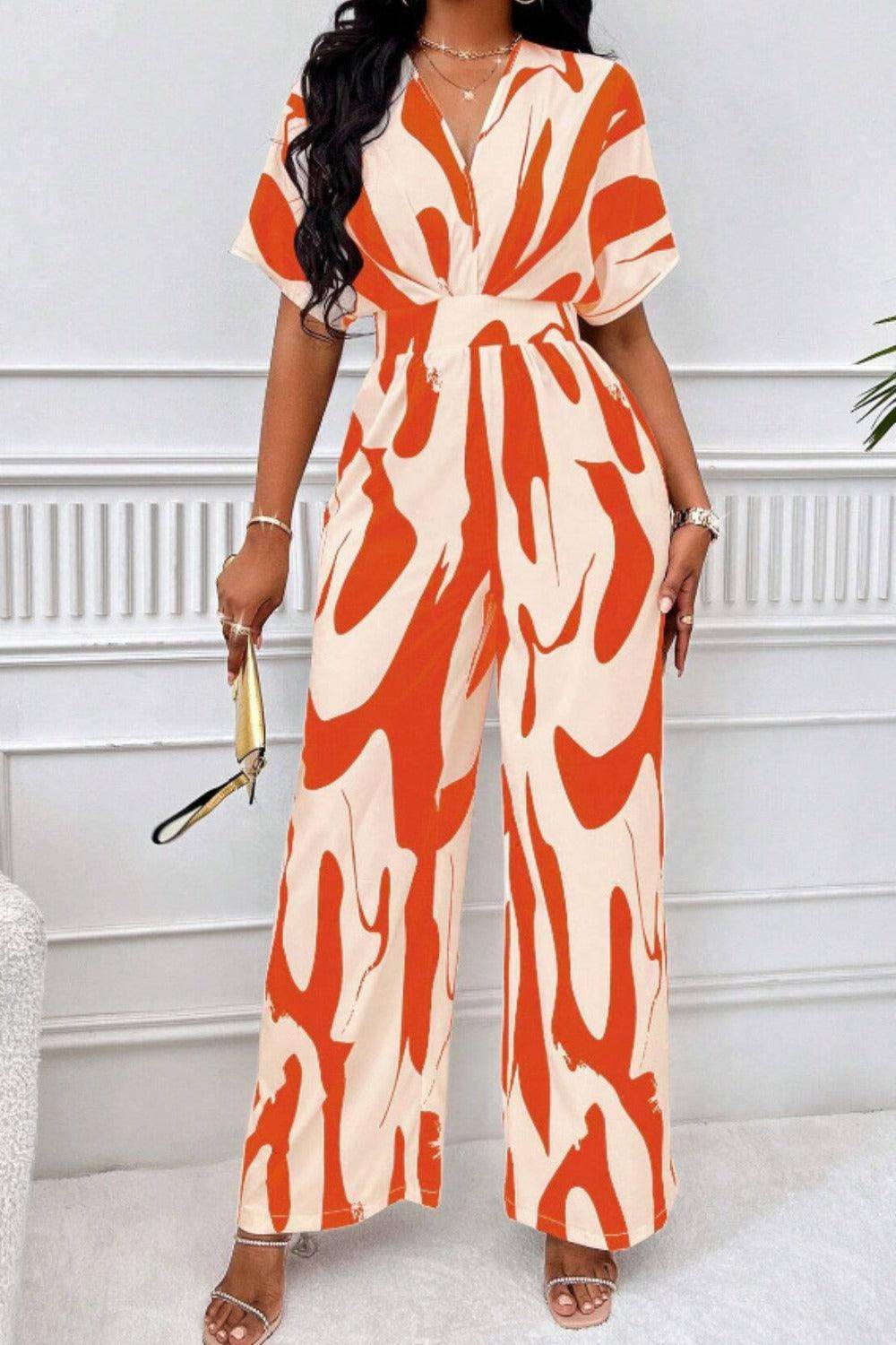 Printed V-Neck Short Sleeve Wide Leg Jumpsuit for Women - Selvanelle
