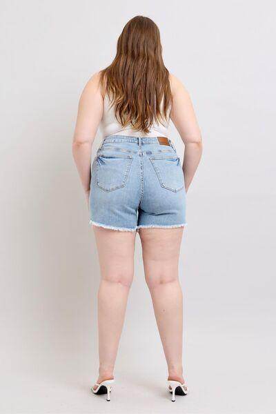 Judy Blue Full Size Tummy Control Raw Hem Denim Shorts Plus Size - Selvanelle