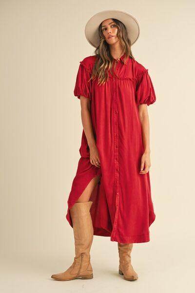 Annie Wear Mineral Washed Button Down Puff Sleeve Shirt Dress - Selvanelle