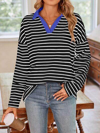 Lovelet Striped Johnny Collar Long Sleeve T-Shirt for Women - Selvanelle