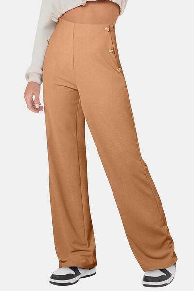 Decorative Button High Rise Pants for Stylish Comfort - Selvanelle