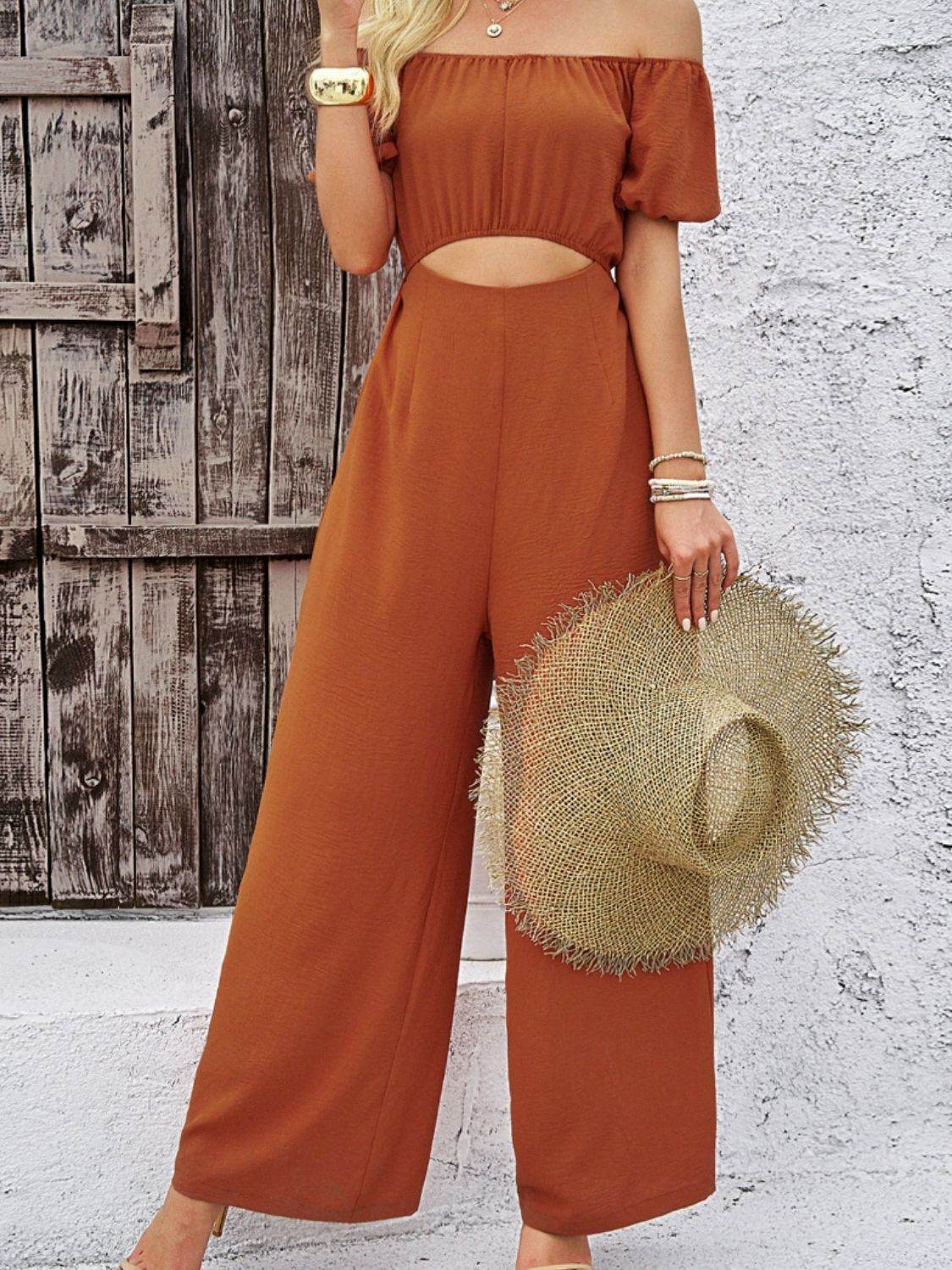 Devine Cutout Off Shoulder Wide Leg Jumpsuit - Selvanelle