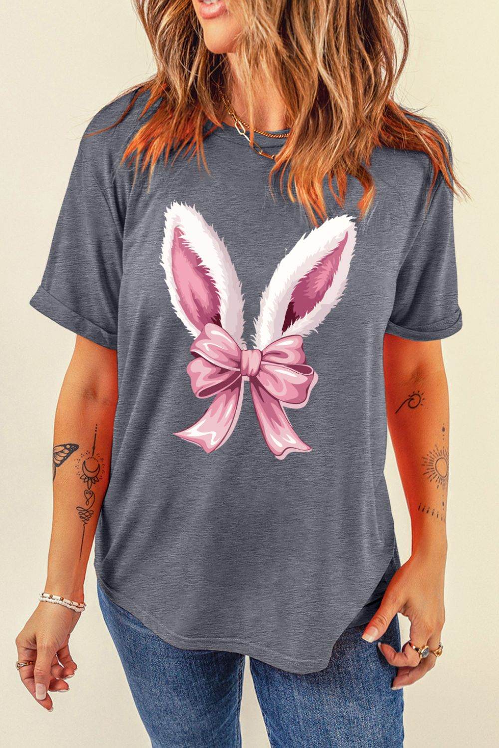 Bunny Ear Bow Graphic Short Sleeve T-Shirt - Selvanelle