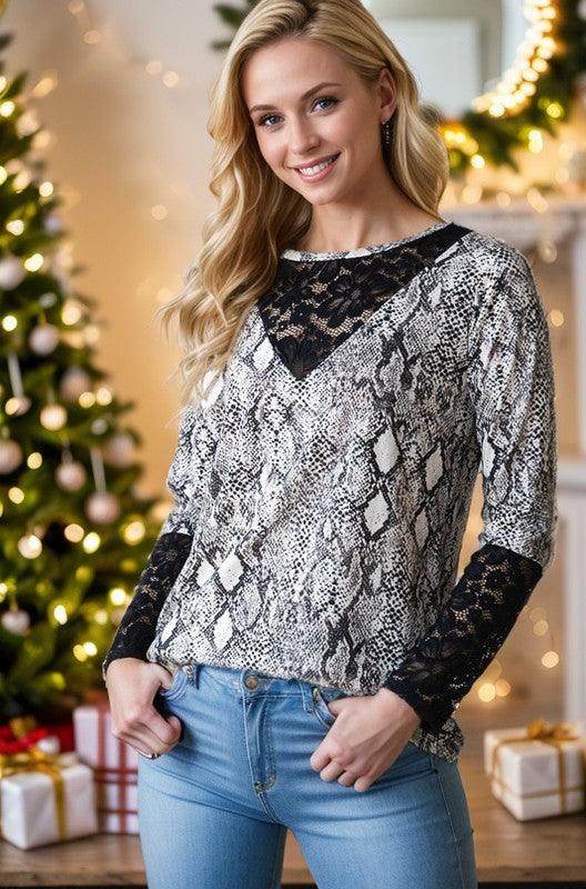 Heimish Full Size Snakeskin Print Round Neck Lace Top - Selvanelle