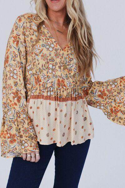 Peplum Printed Surplice Flare Sleeve Blouse for Women - Selvanelle