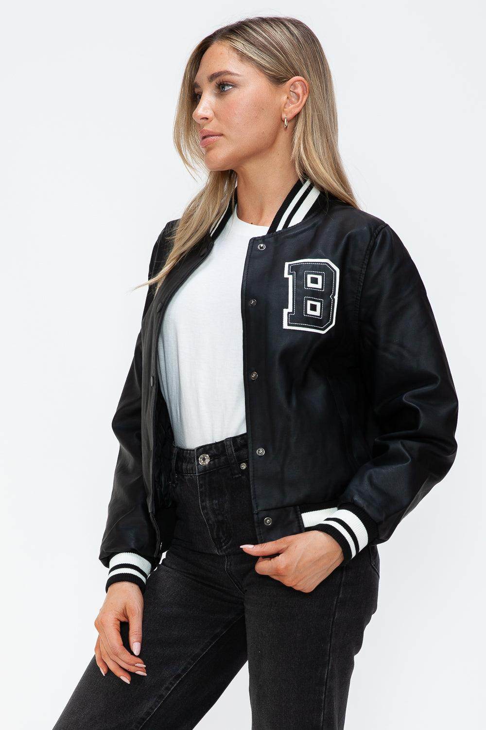 Love Me Now PU Leather Contrast Snap Down Bomber Jacket - Selvanelle
