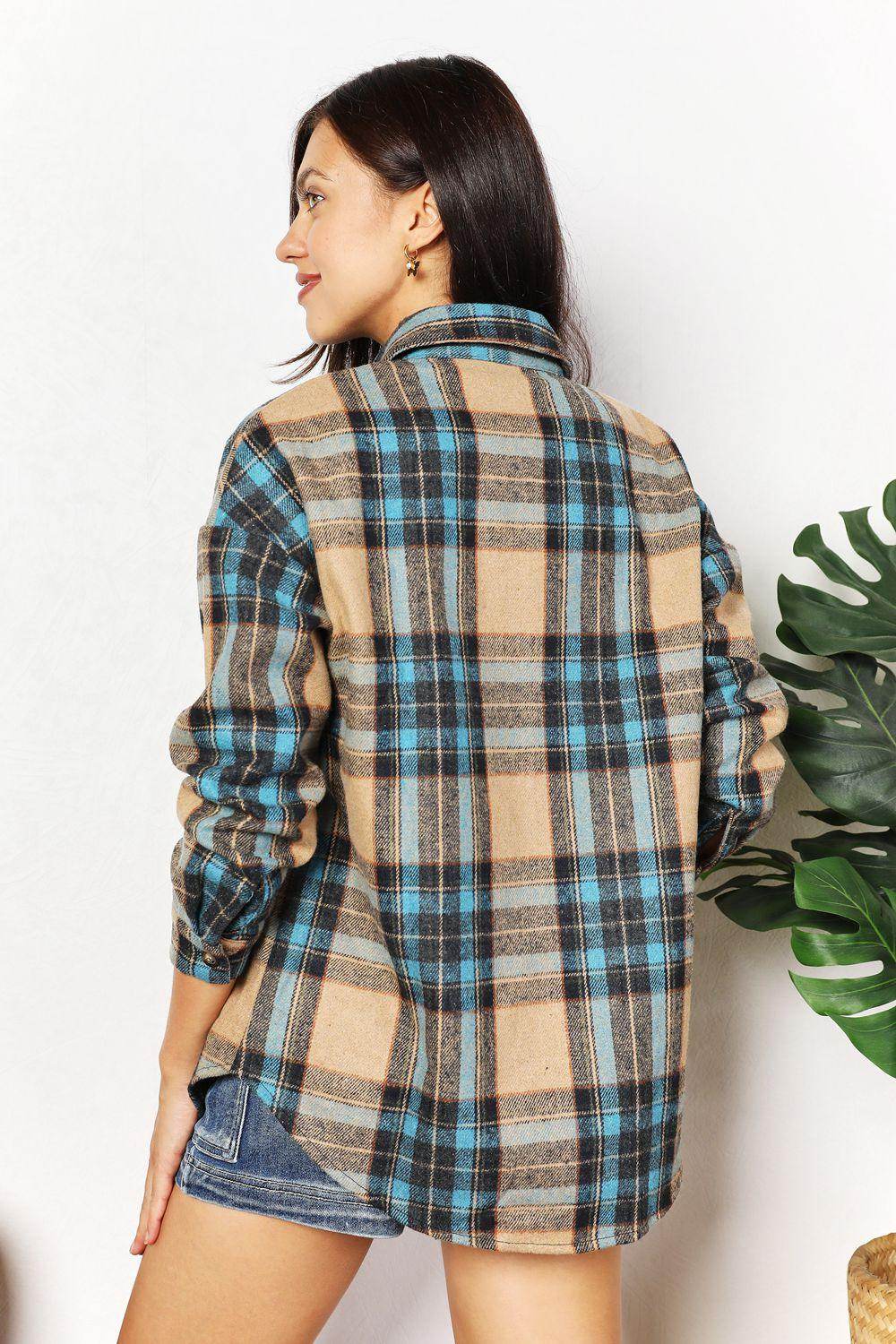 Double Take Plaid Curved Hem Shirt Jacket with Breast Pockets - Selvanelle