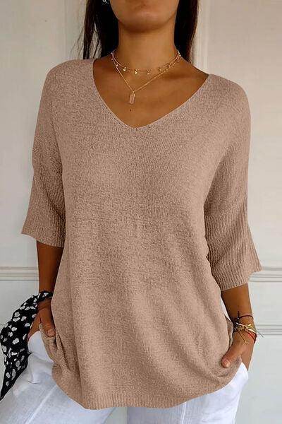V-Neck Three-Quarter Sleeve Knit Top for Women Casual Wear - Selvanelle