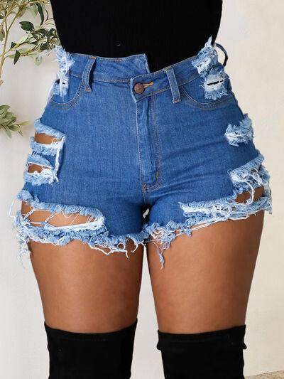 Distressed Raw Hem Denim Shorts with Pockets for Women - Selvanelle
