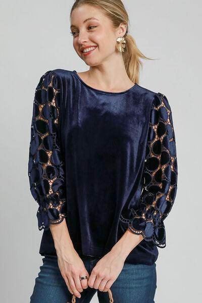 Umgee Polka Dot Lace Long Sleeve Round Neck Blouse Women - Selvanelle