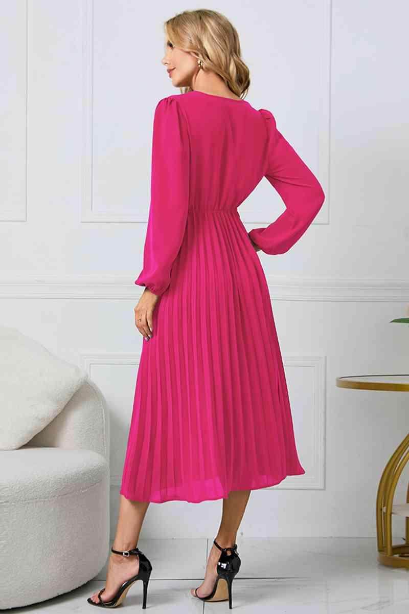 V-Neck Long Sleeve Tie Waist Midi Dress for Women - Selvanelle