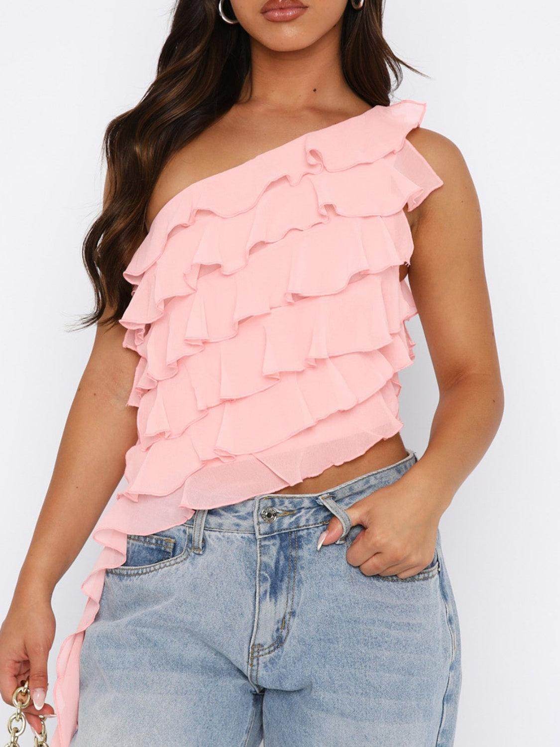Layered Ruffled One Shoulder Tank for Stylish Women - Selvanelle