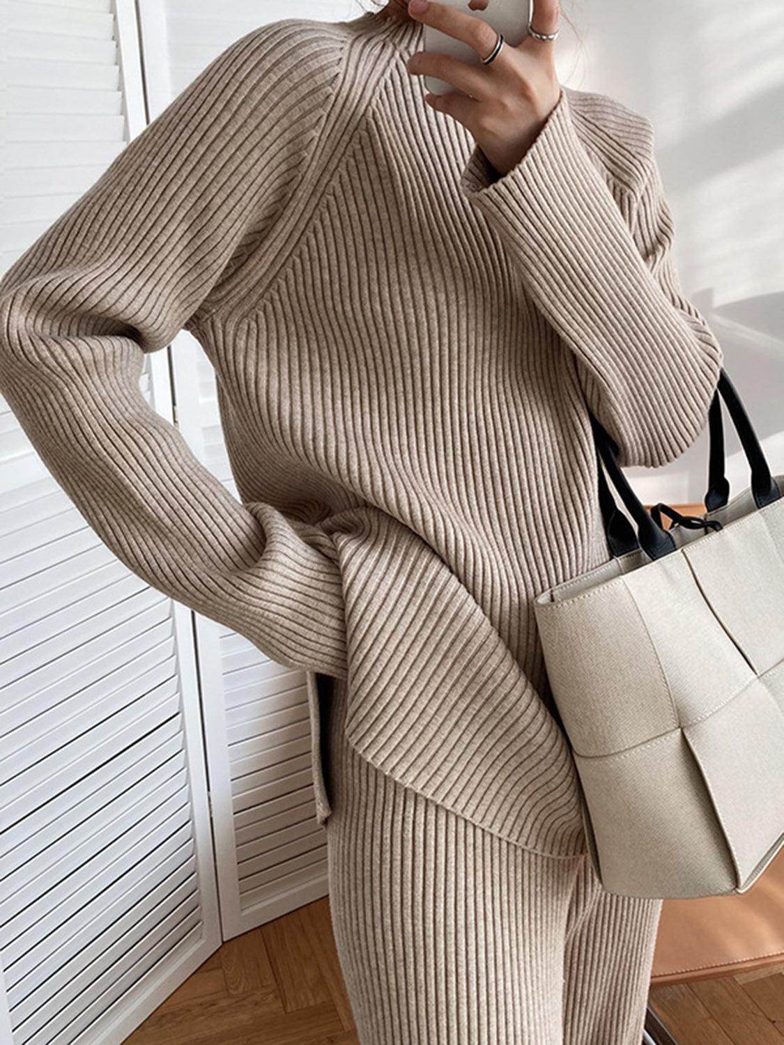 Mock Neck Raglan Sleeve Top and Pants Sweater Set for Women - Selvanelle