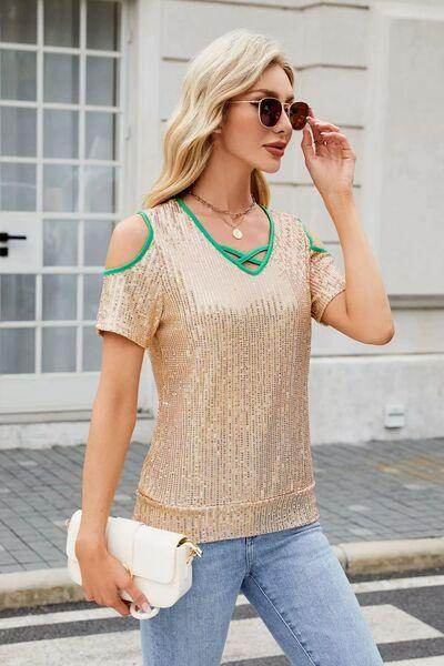 Sequin Crisscross V-Neck Cold Shoulder Blouse for Women - Selvanelle