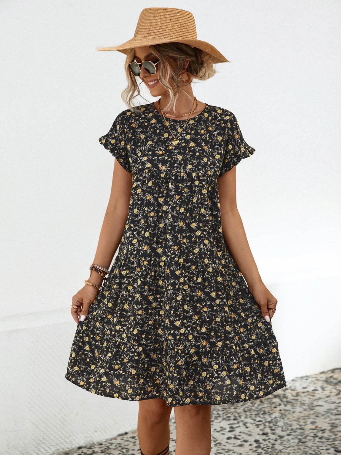 Frill Floral Round Neck Short Sleeve Tiered Dress - Selvanelle