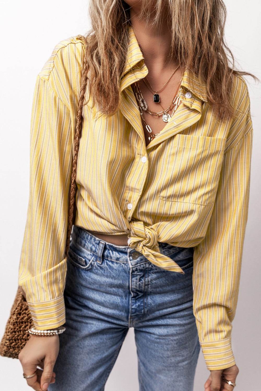 Striped Button Up Long Sleeve Shirt - Selvanelle