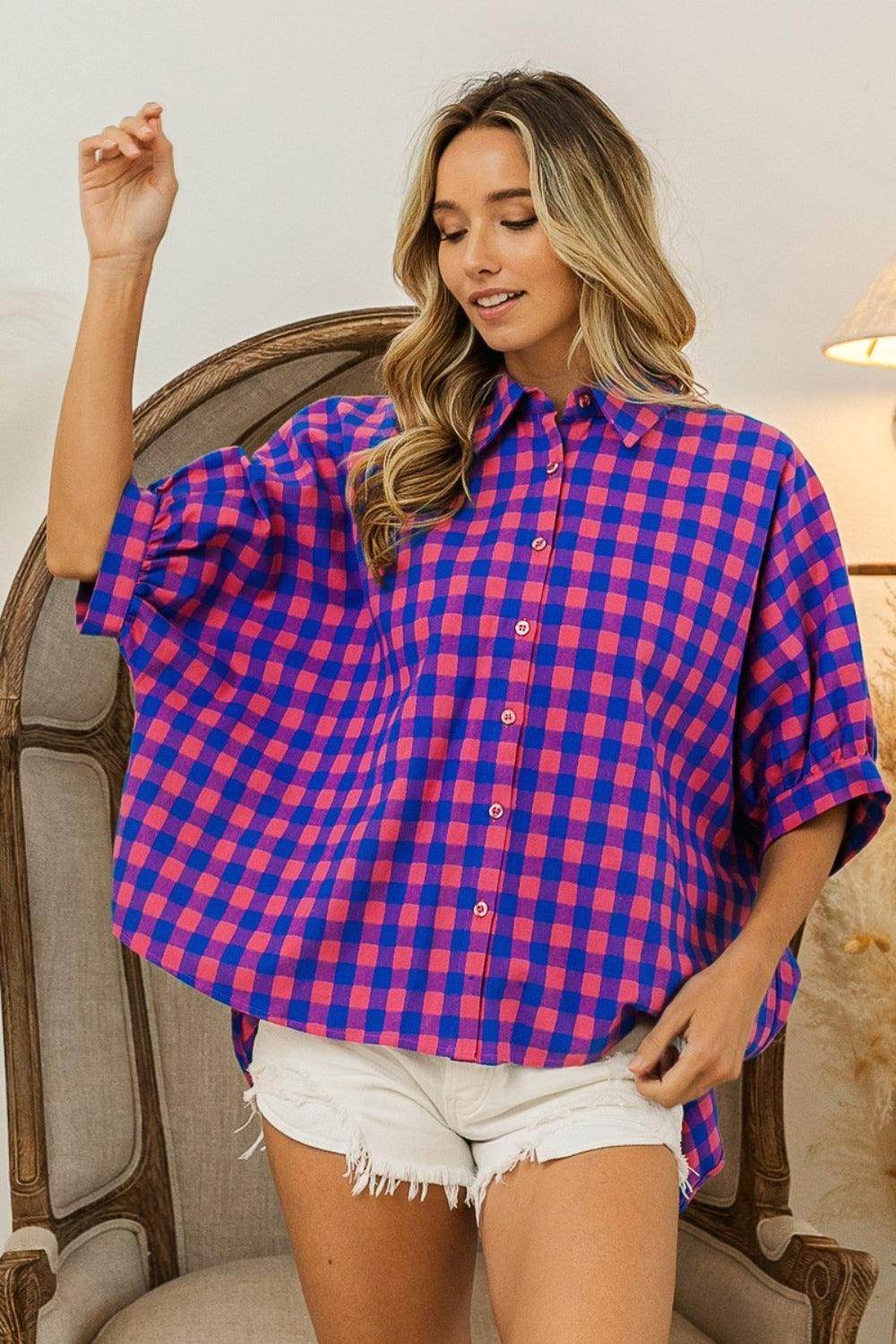 BiBi Plaid Button Up Dolman Sleeve Shirt for Women - Selvanelle