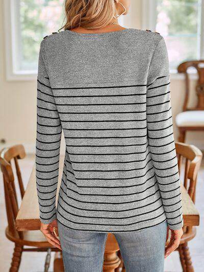 Lovelet Striped Round Neck Long Sleeve T-Shirt for Women - Selvanelle