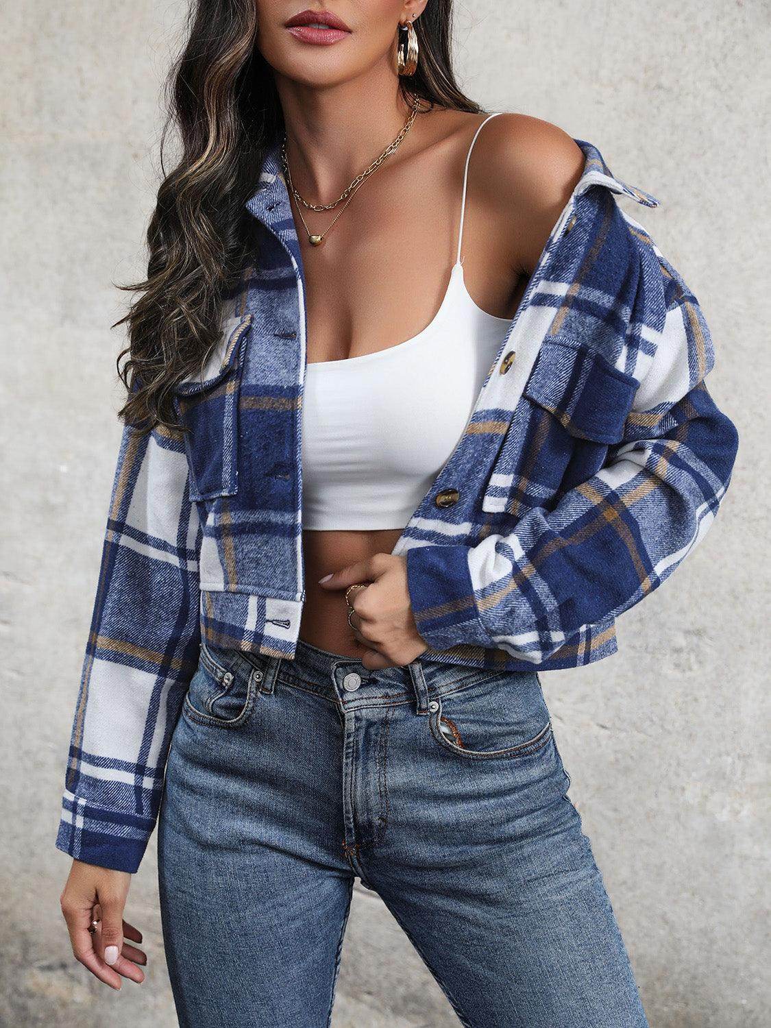 Perfee Plaid Button Up Drop Shoulder Cropped Jacket for Women - Selvanelle