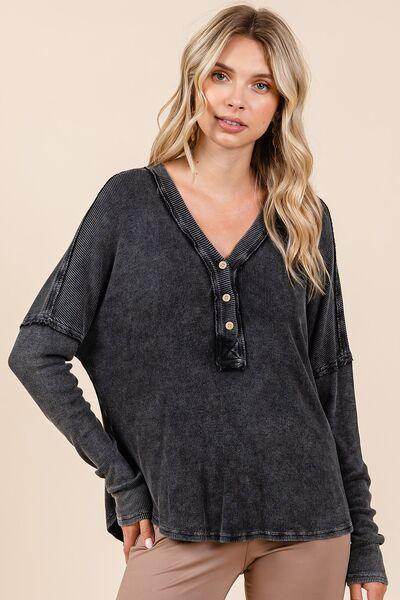 Mittoshop Washed V-Neck Long Sleeve Blouse for Women - Selvanelle