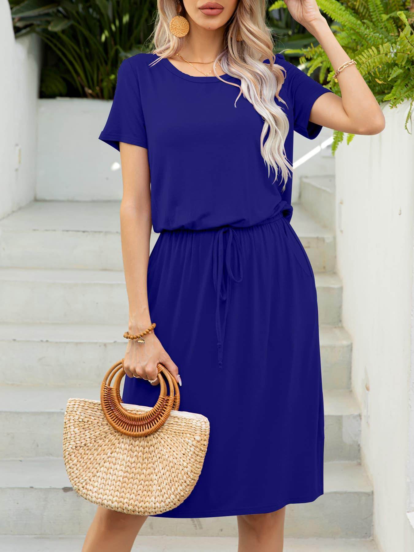 Round Neck Short Sleeve Slit Dress with Pockets for Women - Selvanelle