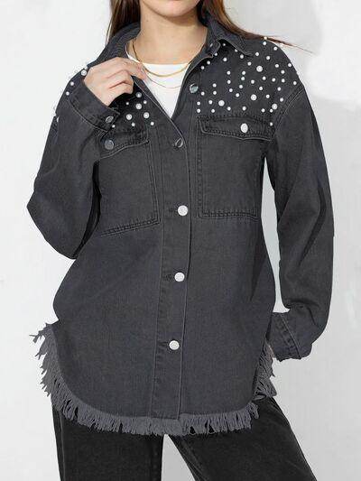 Raw Hem Pearl Trim Collared Neck Denim Top for Women - Selvanelle