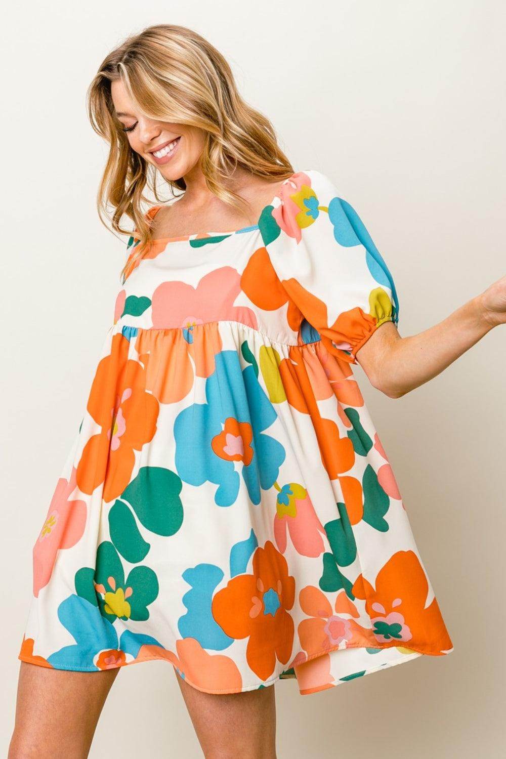 BiBi Floral Puff Sleeve Mini Dress for Stylish Women - Selvanelle